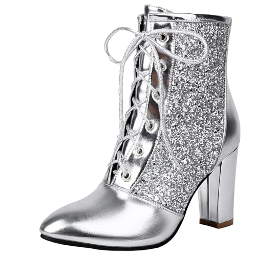 BULVJ Damen Blockabsatz Kurzstiefel, Glänzende Pailletten Stiefeletten mit Schnürung von BULVJ
