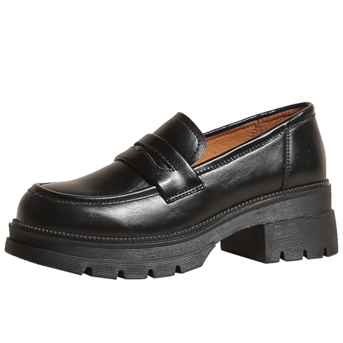 BULVJ Damen Comfort Slip-On Loafer aus Echtem Leder mit Runder Zehenpartie und Blockabsatz von BULVJ