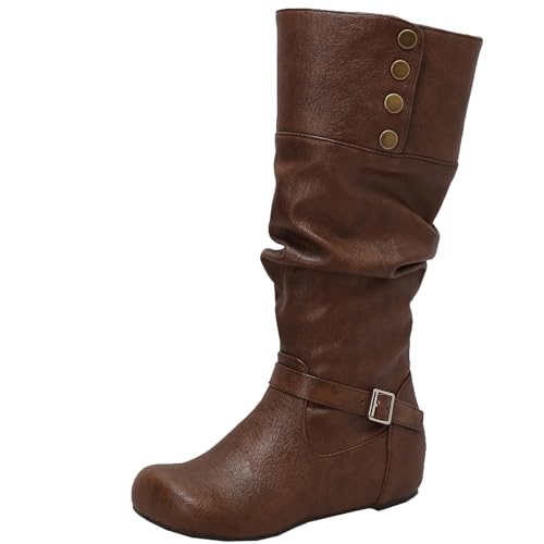 BULVJ Damen Easy-On Plissee Kniehohe Stiefel, Keilabsatz Slouch-Stil Lange Stiefel, Ideal für Winter-Outfits von BULVJ