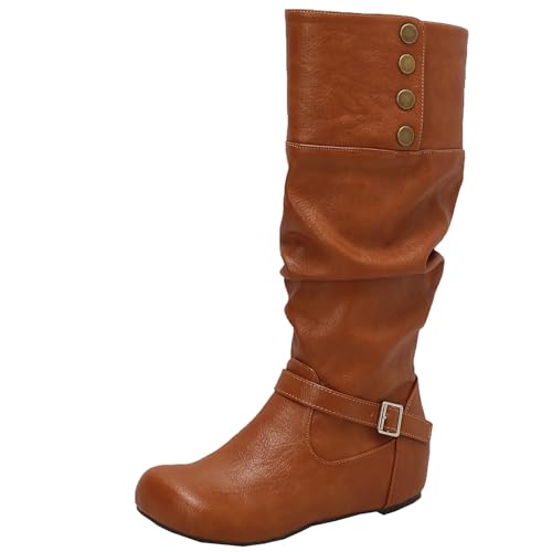 BULVJ Damen Easy-On Plissee Kniehohe Stiefel, Keilabsatz Slouch-Stil Lange Stiefel, Ideal für Winter-Outfits von BULVJ