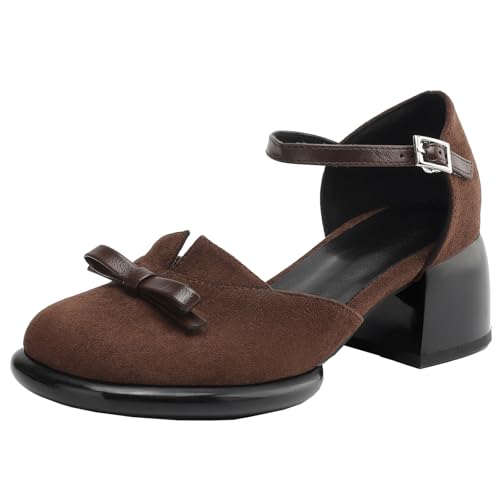 BULVJ Damen Elegante Runde Zehen Blockabsatz Sandalen Knöchelschnalle Verschluss Anzugschuhe mit Schleifen von BULVJ
