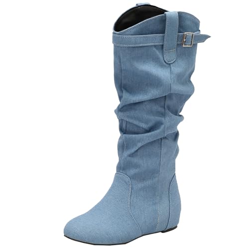 BULVJ Damen Falten Keilabsatz Kniehohe Stiefel, Flachabsatz Reißverschluss Lange Stiefel, Lässiger Stil von BULVJ