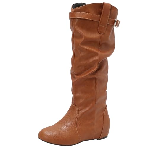 BULVJ Damen Falten Keilabsatz Kniehohe Stiefel, Flachabsatz Reißverschluss Lange Stiefel, Lässiger Stil von BULVJ