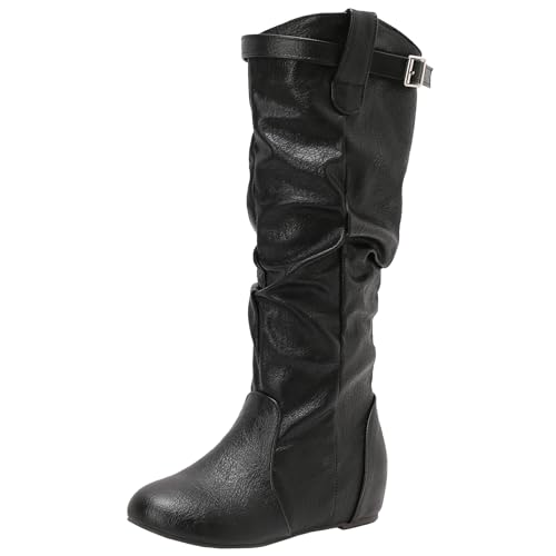 BULVJ Damen Falten Keilabsatz Kniehohe Stiefel, Flachabsatz Reißverschluss Lange Stiefel, Lässiger Stil von BULVJ