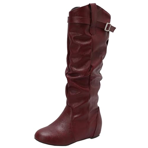 BULVJ Damen Falten Keilabsatz Kniehohe Stiefel, Flachabsatz Reißverschluss Lange Stiefel, Lässiger Stil von BULVJ