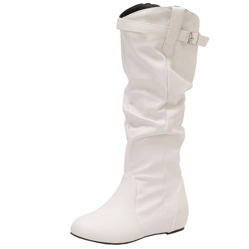 BULVJ Damen Falten Keilabsatz Kniehohe Stiefel, Flachabsatz Reißverschluss Lange Stiefel, Lässiger Stil von BULVJ