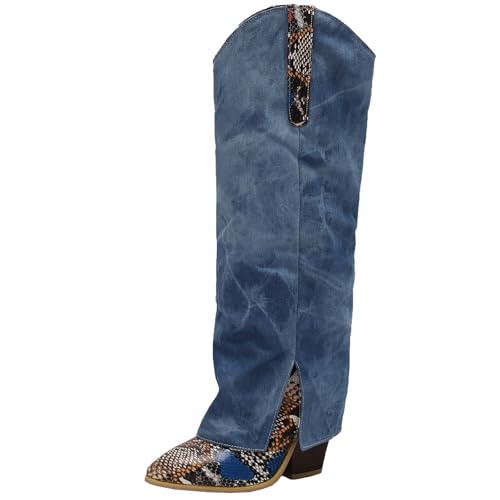 BULVJ Damen Freizeit Stiefel mit Spitzem Zehen, Knielang, zum Hineinschlüpfen und mit Blockabsatz, Warme Fütterung für Verschiedene Wintermode-Looks. von BULVJ