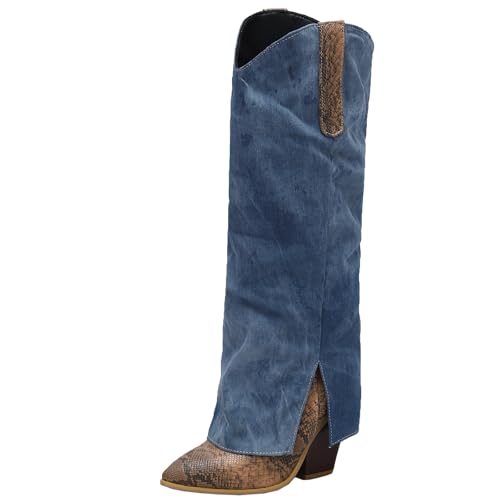 BULVJ Damen Freizeit Stiefel mit Spitzem Zehen, Knielang, zum Hineinschlüpfen und mit Blockabsatz, Warme Fütterung für Verschiedene Wintermode-Looks. von BULVJ