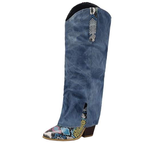 BULVJ Damen Freizeit Stiefel mit Spitzem Zehen, Knielang, zum Hineinschlüpfen und mit Blockabsatz, Warme Fütterung für Verschiedene Wintermode-Looks. von BULVJ