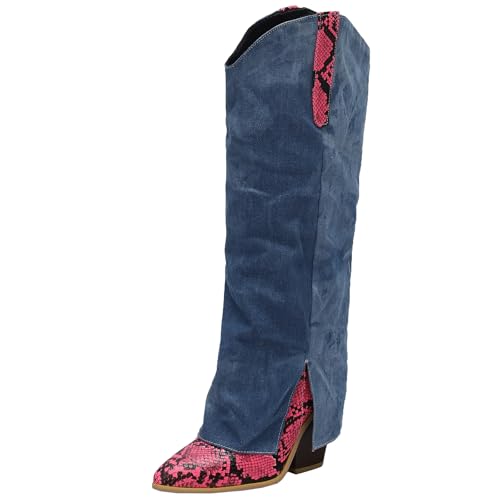 BULVJ Damen Freizeit Stiefel mit Spitzem Zehen, Knielang, zum Hineinschlüpfen und mit Blockabsatz, Warme Fütterung für Verschiedene Wintermode-Looks. von BULVJ