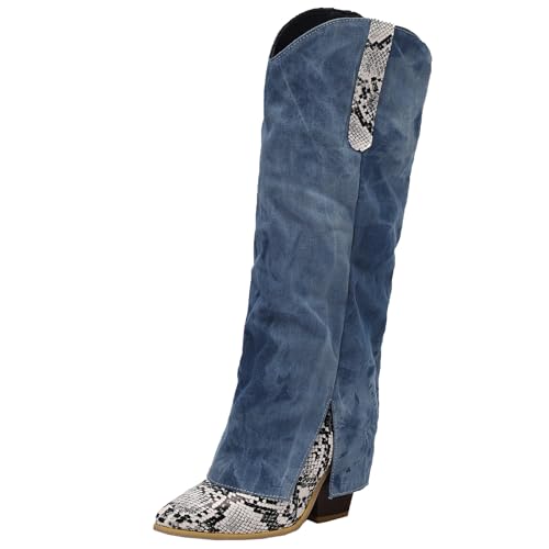 BULVJ Damen Freizeit Stiefel mit Spitzem Zehen, Knielang, zum Hineinschlüpfen und mit Blockabsatz, Warme Fütterung für Verschiedene Wintermode-Looks. von BULVJ