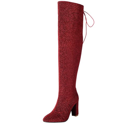 BULVJ Damen Glitzernde Stiefel über das Knie, Chunky-Heel Reißverschluss Lange Stiefel, um Verschiedene Wintermode-Looks zu Kreieren von BULVJ