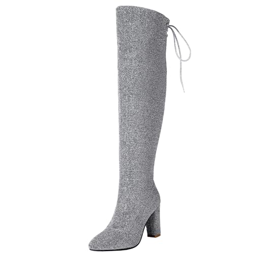 BULVJ Damen Glitzernde Stiefel über das Knie, Chunky-Heel Reißverschluss Lange Stiefel, um Verschiedene Wintermode-Looks zu Kreieren von BULVJ