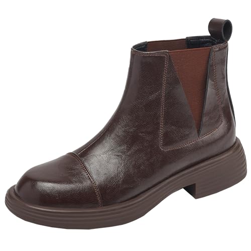 BULVJ Damen Herbst/Winter Chelsea Stiefeletten, Runde Spitze, Stiefeletten aus Echtem Rindsleder mit Slip On von BULVJ