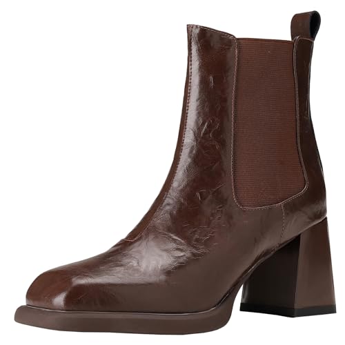 BULVJ Damen Herbst/Winter Chelsea Stiefeletten mit Eckiger Zehenpartie und Klobigen Absatz, Stiefeletten aus Echtem Rindsleder mit Slip On von BULVJ