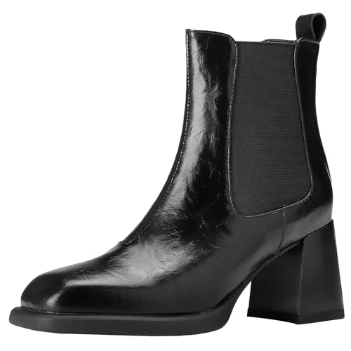 BULVJ Damen Herbst/Winter Chelsea Stiefeletten mit Eckiger Zehenpartie und Klobigen Absatz, Stiefeletten aus Echtem Rindsleder mit Slip On von BULVJ