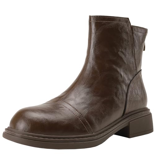 BULVJ Damen Herbst/Winter Stiefeletten mit Runder Spitze, Stiefeletten aus Echtem Rindsleder mit Reißverschluss von BULVJ