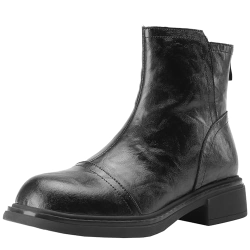 BULVJ Damen Herbst/Winter Stiefeletten mit Runder Spitze, Stiefeletten aus Echtem Rindsleder mit Reißverschluss von BULVJ