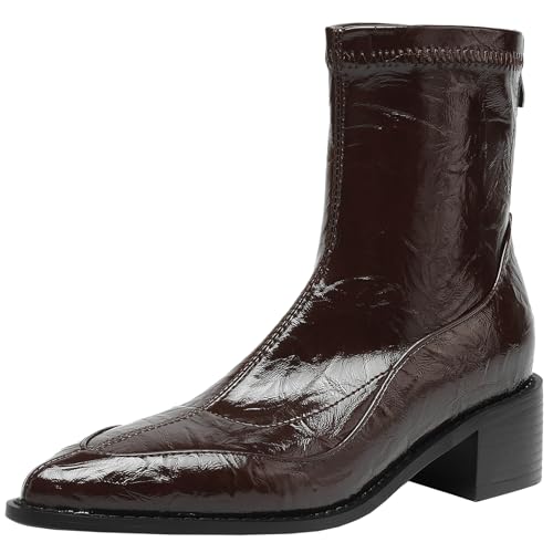 BULVJ Damen Herbst und Winter Stiefeletten, Spitze Kurze Stiefel mit Blockabsatz von BULVJ