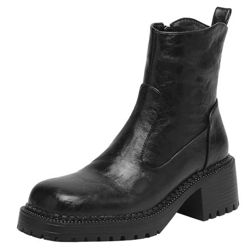 BULVJ Damen-Kampfstiefel mit Reißverschluss, Blockabsatz und Eckigen Zehenstiefeletten für Ausgefallene Looks von BULVJ