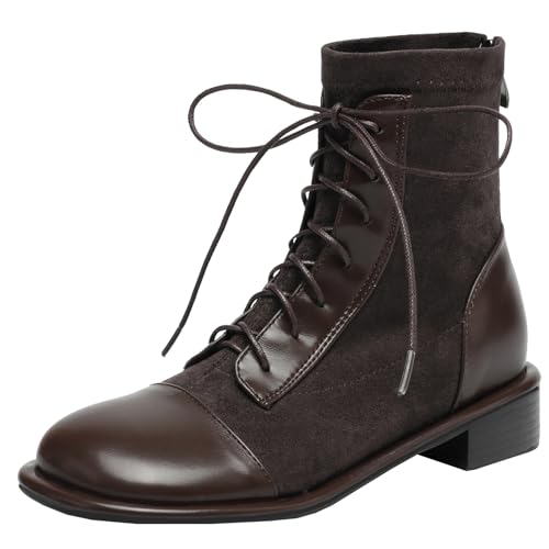 BULVJ Damen-Kampfstiefel zum Schnüren, Comfort Stiefeletten mit mittlerem Blockabsatz für Ausgefallene Looks von BULVJ