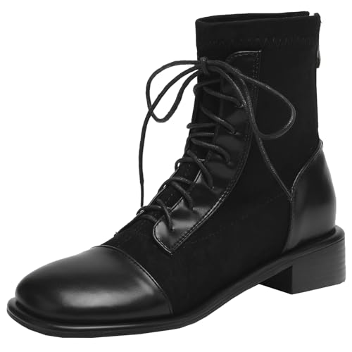 BULVJ Damen-Kampfstiefel zum Schnüren, Comfort Stiefeletten mit mittlerem Blockabsatz für Ausgefallene Looks von BULVJ