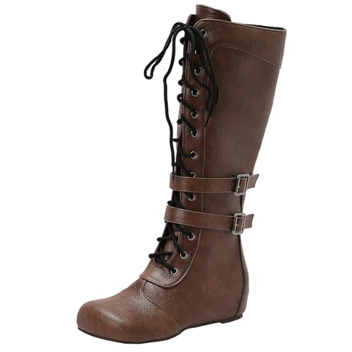 BULVJ Damen Keilabsatz Kniehohe Stiefel, Seitenreißverschluss und Schnür-Biker-Stiefel, Geeignet für den Täglichen Gebrauch und Formelle Anlässe von BULVJ