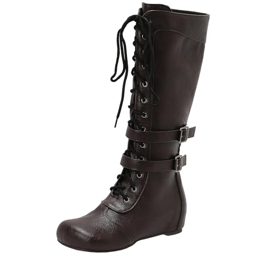 BULVJ Damen Keilabsatz Kniehohe Stiefel, Seitenreißverschluss und Schnür-Biker-Stiefel, Geeignet für den Täglichen Gebrauch und Formelle Anlässe von BULVJ