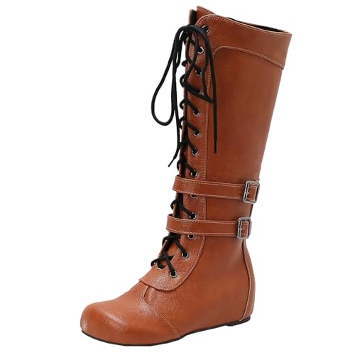 BULVJ Damen Keilabsatz Kniehohe Stiefel, Seitenreißverschluss und Schnür-Biker-Stiefel, Geeignet für den Täglichen Gebrauch und Formelle Anlässe von BULVJ