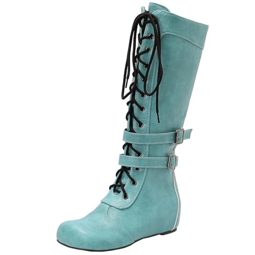 BULVJ Damen Keilabsatz Kniehohe Stiefel, Seitenreißverschluss und Schnür-Biker-Stiefel, Geeignet für den Täglichen Gebrauch und Formelle Anlässe von BULVJ