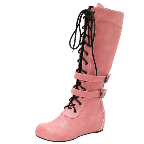 BULVJ Damen Keilabsatz Kniehohe Stiefel, Seitenreißverschluss und Schnür-Biker-Stiefel, Geeignet für den Täglichen Gebrauch und Formelle Anlässe von BULVJ