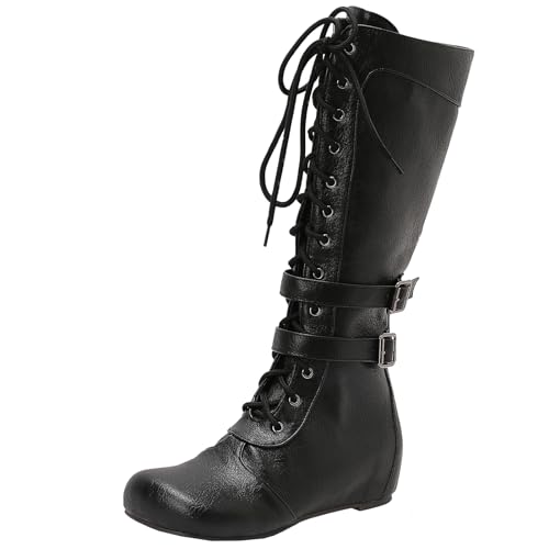 BULVJ Damen Keilabsatz Kniehohe Stiefel, Seitenreißverschluss und Schnür-Biker-Stiefel, Geeignet für den Täglichen Gebrauch und Formelle Anlässe von BULVJ