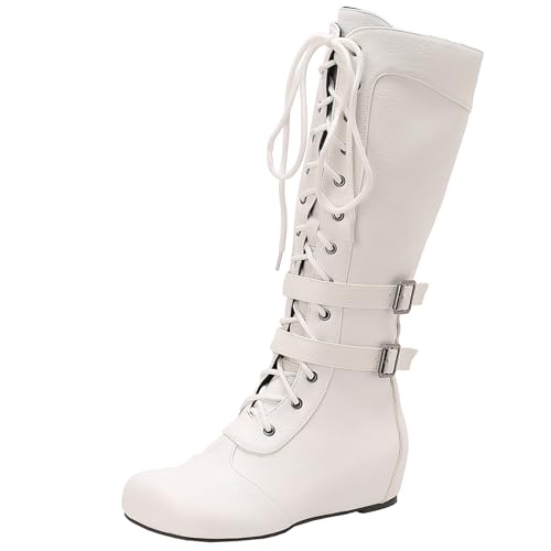 BULVJ Damen Keilabsatz Kniehohe Stiefel, Seitenreißverschluss und Schnür-Biker-Stiefel, Geeignet für den Täglichen Gebrauch und Formelle Anlässe von BULVJ