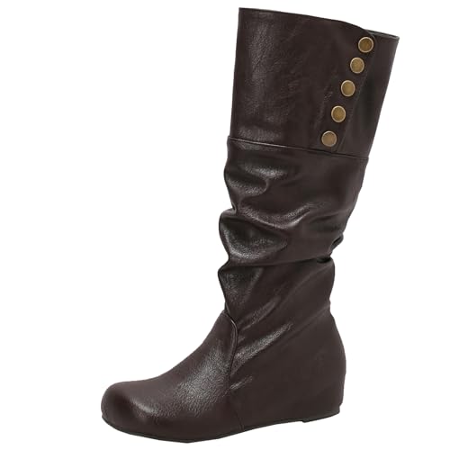BULVJ Damen Keilabsatz Slouch Kniehohe Stiefel, Runde Zehen Slip-On Lange Stiefel, Geeignet für den Alltag und formelle Anlässe von BULVJ