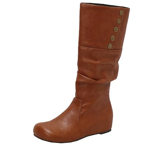 BULVJ Damen Keilabsatz Slouch Kniehohe Stiefel, Runde Zehen Slip-On Lange Stiefel, Geeignet für den Alltag und formelle Anlässe von BULVJ