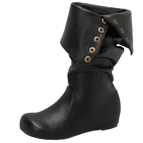 BULVJ Damen Keilabsatz Slouch Kniehohe Stiefel, Runde Zehen Slip-On Lange Stiefel, Geeignet für den Alltag und formelle Anlässe von BULVJ