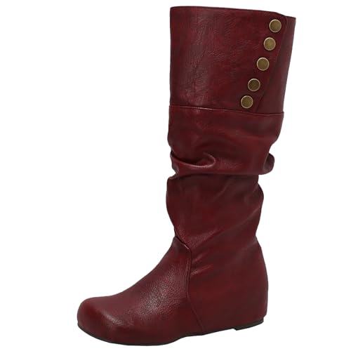 BULVJ Damen Keilabsatz Slouch Kniehohe Stiefel, Runde Zehen Slip-On Lange Stiefel, Geeignet für den Alltag und formelle Anlässe von BULVJ