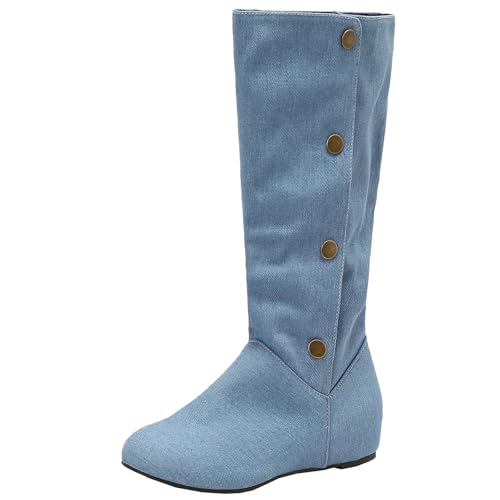 BULVJ Damen Keilabsatz Stiefel mit Runder Zehenpartie, Bequeme Flache Stiefel bis zum Knie für den Täglichen Gebrauch von BULVJ