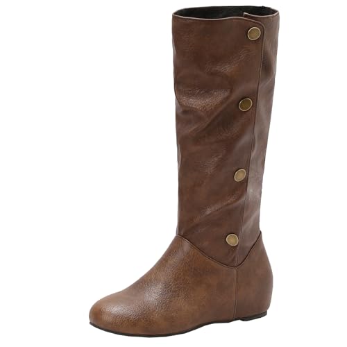 BULVJ Damen Keilabsatz Stiefel mit Runder Zehenpartie, Bequeme Flache Stiefel bis zum Knie für den Täglichen Gebrauch von BULVJ