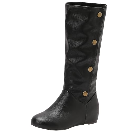 BULVJ Damen Keilabsatz Stiefel mit Runder Zehenpartie, Bequeme Flache Stiefel bis zum Knie für den Täglichen Gebrauch von BULVJ