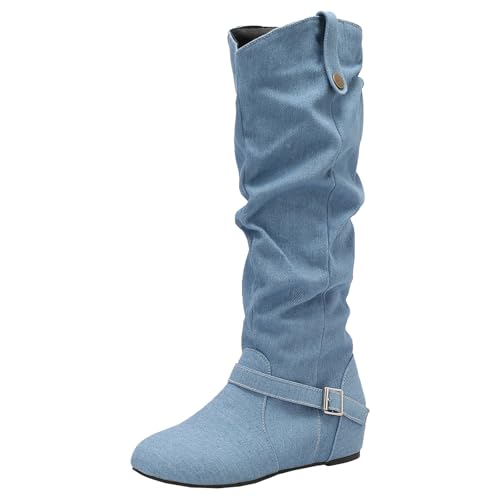 BULVJ Damen Keilabsatz Stiefel mit Schlauchform, Metallverschlussriemen, Runde Zehen und Reißverschluss bis zum Knie von BULVJ