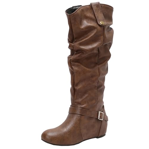 BULVJ Damen Keilabsatz Stiefel mit Schlauchform, Metallverschlussriemen, Runde Zehen und Reißverschluss bis zum Knie von BULVJ