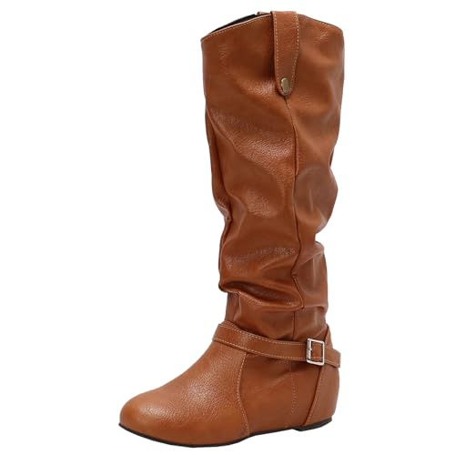 BULVJ Damen Keilabsatz Stiefel mit Schlauchform, Metallverschlussriemen, Runde Zehen und Reißverschluss bis zum Knie von BULVJ