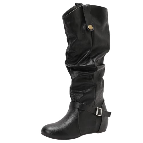 BULVJ Damen Keilabsatz Stiefel mit Schlauchform, Metallverschlussriemen, Runde Zehen und Reißverschluss bis zum Knie von BULVJ