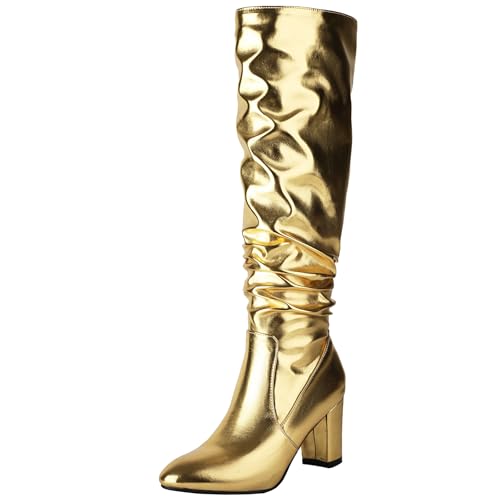 BULVJ Damen Knielange Stiefel mit Schlaffem Schnitt, Lässige Gefaltete Lange Stiefel mit Blockabsatz und zum Hineinschlüpfen. von BULVJ