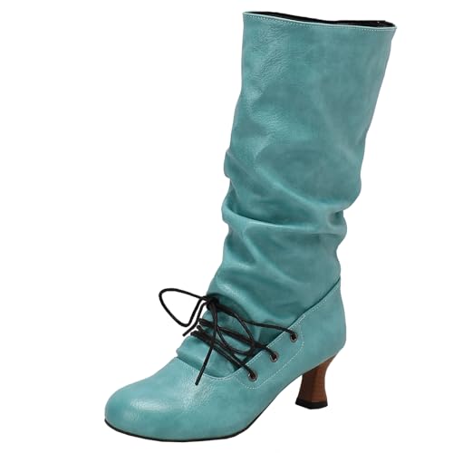 BULVJ Damen Lässige Plissierte Knöchel-Stiefel mit Mittelhohem Absatz, Lange Stiefel im Slouch-Stil von BULVJ