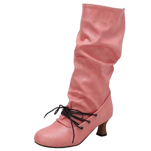 BULVJ Damen Lässige Plissierte Knöchel-Stiefel mit Mittelhohem Absatz, Lange Stiefel im Slouch-Stil von BULVJ