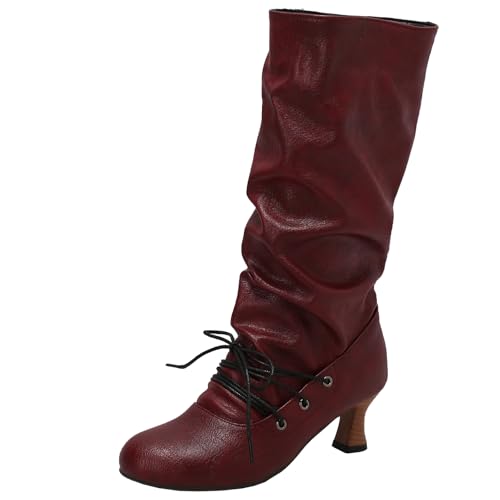 BULVJ Damen Lässige Plissierte Knöchel-Stiefel mit Mittelhohem Absatz, Lange Stiefel im Slouch-Stil von BULVJ