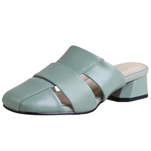 BULVJ Damen Ledersandalen mit Blockabsatz Pantoletten mit Quadratischer Zehenpartie und Ausschnitt für Sommertrends von BULVJ