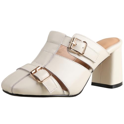 BULVJ Damen Ledersandalen mit Blockabsatz Slipperfolien mit Quadratischer Zehenpartie Minimalistisch für Sommertrends BULVJ Damen Ledersandalen mit Blockabsatz Slipperfolien mit Quadratischer Zehenpartie Minimalistisch für Sommertrends von BULVJ